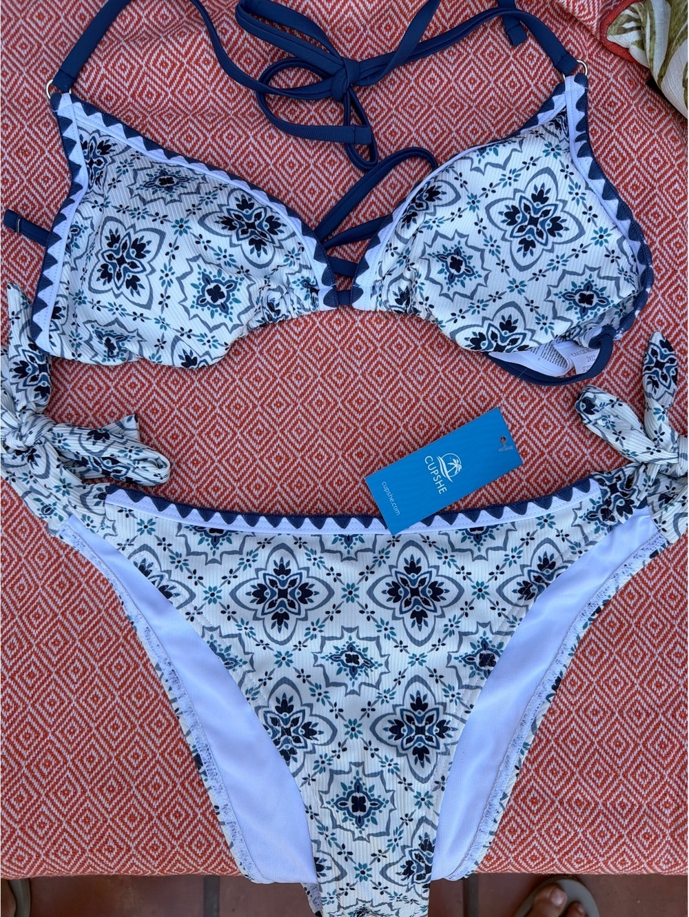 Women's Two-Piece Bikini Swimsuit with Blue and White Patterned Design